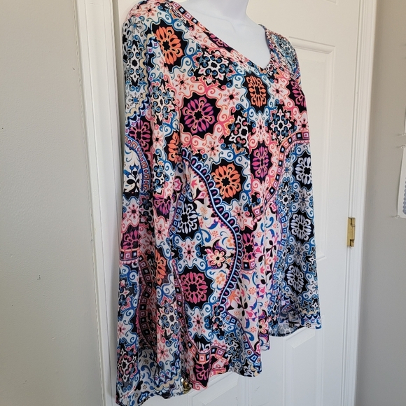 Coco Bianco Colorful Bell Sleeve Tie Back Pink Blue White Blouse Size M - Picture 3 of 14